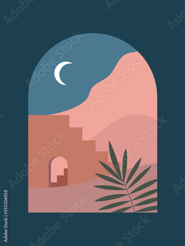 Canvas Abstract contemporary aesthetic background with night landscape, stairs, palm, vases, Moon