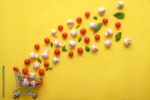 red pepper, basil, mushrooms on yellow