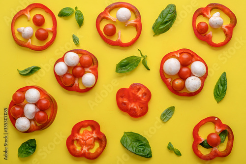 red pepper, basil, mushrooms on yellow