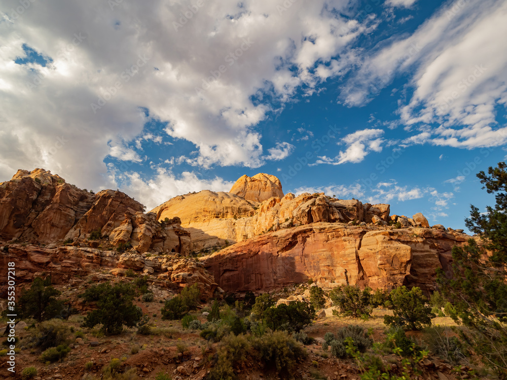 Sunset view of the Golden Throne of Capitol Reef National Park visitor center