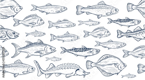 Vector sketch illustration of fresh sea fishes drawing isolated on white. Engraved style. natural business. Vintage, retro object for menu, label, recipe, product packaging