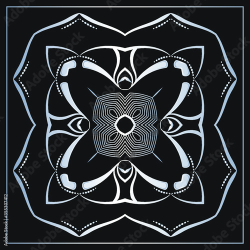 Luxury logo. Vector template for logos, book covers, business cards, corporate identity creation. Illustration of a silver tracery element on a black background. Foil stamping