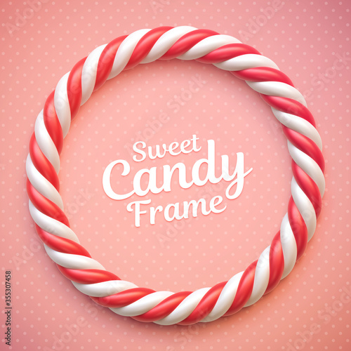 Candy cane circle frame on polka dot background