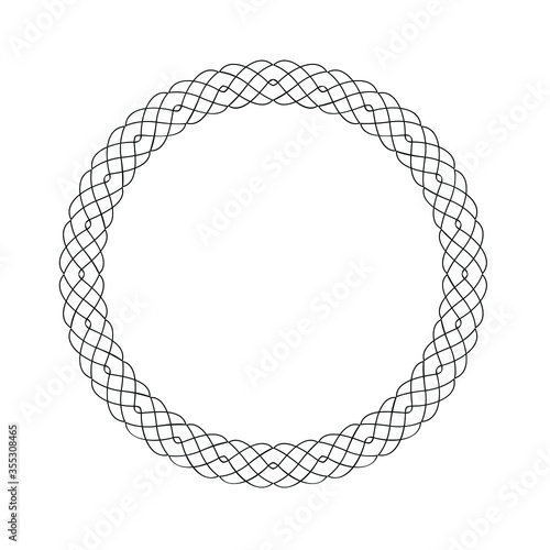 Vintage round border frame isolated on white background, thin line woven ornament, simple decorative pattern, vector illustration.