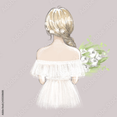 Cute girl, young woman, bride with a bouquet of peonies. Hand drawn illustration