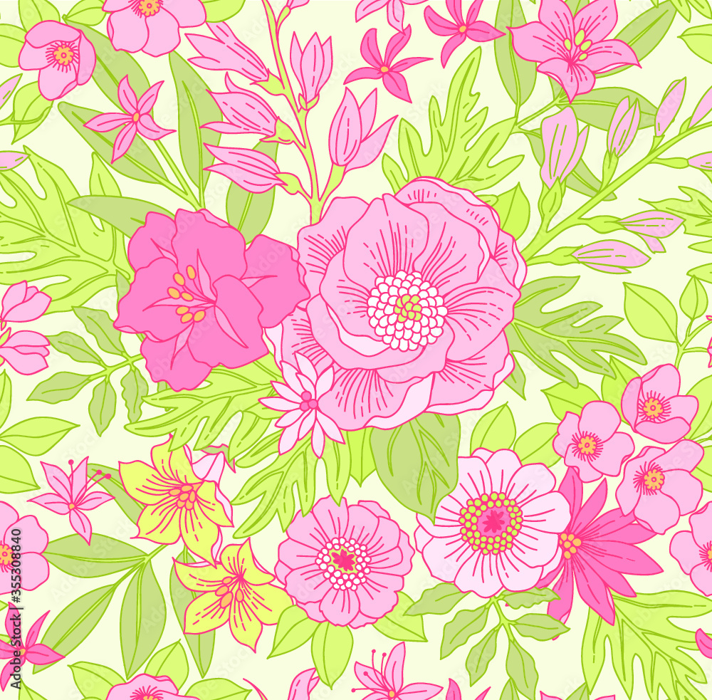 Trendy seamless vector floral pattern. Endless print made of small pink flowers, leaves and berries. Summer and spring motifs. White background.Vector illustration.