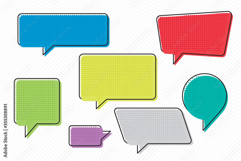 Speech Bubbles Set of Comic Style Circle Distorted and Rectangle Blank Trendy Colored Shapes - Black and Multicolor Elements on White Dots Wallpaper Background - Flat Graphic Design Speech Bubbles Set of Comic Style Circle Distorted and Rectangle Blank Trendy Colored Shapes - Black and Multicolor Elements on White Dots Wallpaper Background - Flat Graphic Design