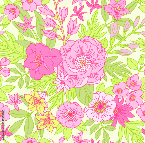 Trendy seamless vector floral pattern. Endless print made of small pink flowers  leaves and berries. Summer and spring motifs. White background.Vector illustration.