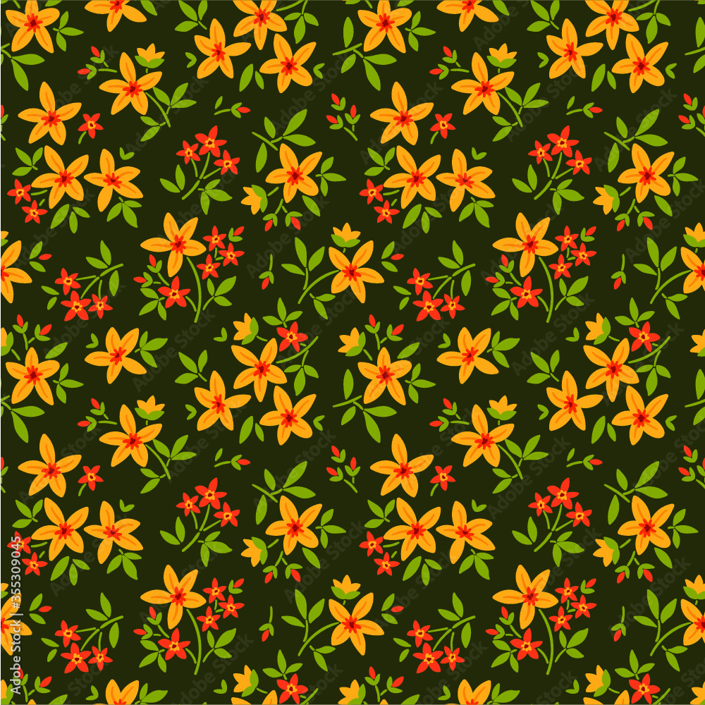Seamless floral pattern for design. Small yellow flowers and leaves. Dark green background. Modern floral texture. A allover floral design in bright colors. The elegant the template for fashion prints Seamless floral pattern for design. Small yellow flowers and leaves. Dark green background. Modern floral texture. A allover floral design in bright colors. The elegant the template for fashion prints
