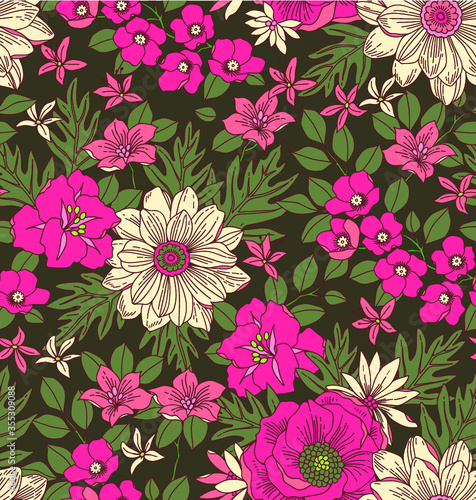 Seamless vector floral pattern. Liberty style print made of small pink and white flowers, leaves and berries. Summer and spring motifs. Gray background. Vintage illustration.