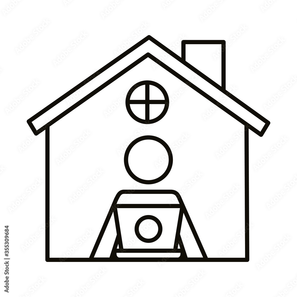 man using laptop stay at home line style icon man using laptop stay at home line style icon