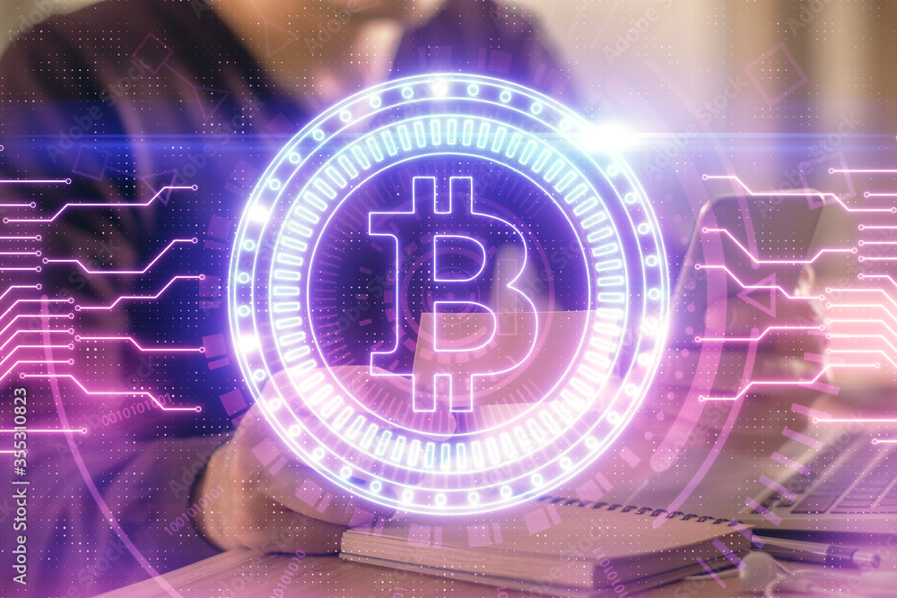Double exposure of man's hands holding and using a phone and crypto currency blockchain theme drawing. Double exposure of man's hands holding and using a phone and crypto currency blockchain theme drawing.