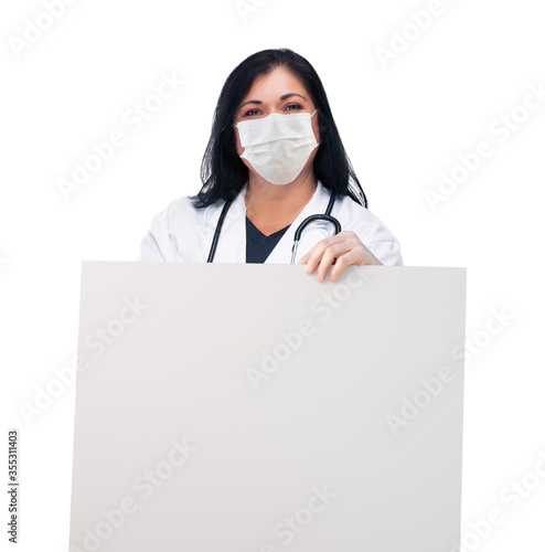 Female Doctor or Nurse Wearing Protective Face Mask Holding Blank Sign Isolated on White Background
