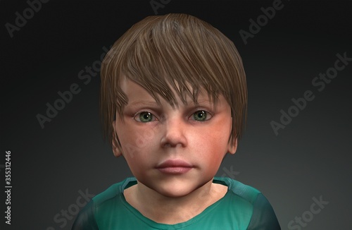 green-eyed child face. child model faceclose-up child face. 3d child model . 3d illustration