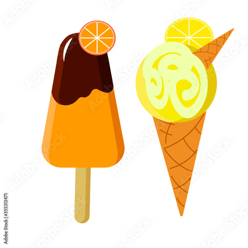 Orange and lemon ice cream. Vector summer illustration on a white background.