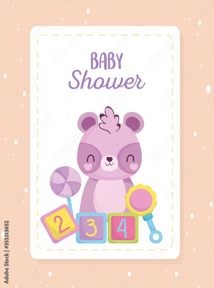 baby shower, cute raccoon with rattle cubes toys cartoon, announce newborn welcome card