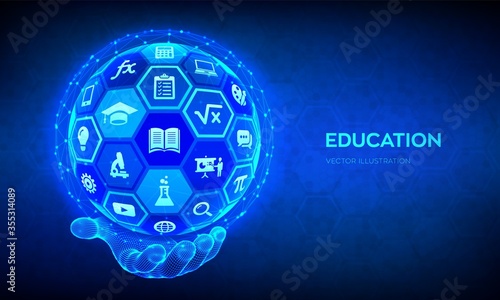 E-learning. Innovative online education technology concept. Webinar, teaching, online training courses. Skill development. Abstract 3D sphere with surface of hexagons with icons in hand. Vector.
