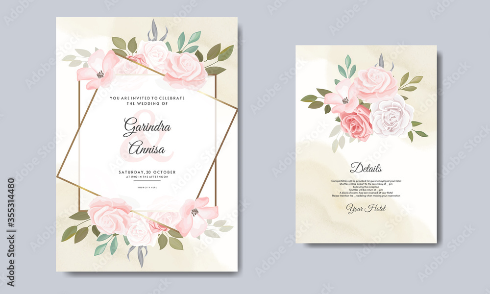Wedding invitation card template set with beautiful  floral leaves Premium Vector