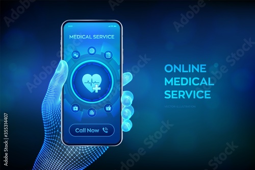 Online medical services, consultation and support concept on virtual screen. Doctor online. Medical clinic communication with patient. Closeup smartphone in wireframe hand. Vector illustration.