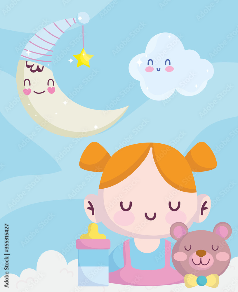 baby shower, little girl bear bottle feed moon and cloud decoration, announce newborn welcome card baby shower, little girl bear bottle feed moon and cloud decoration, announce newborn welcome card