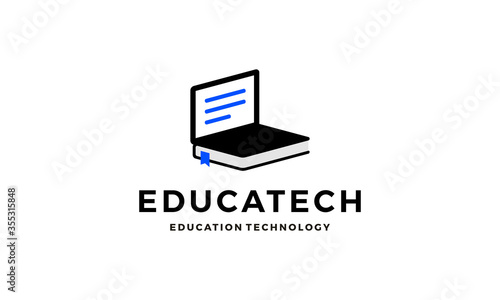 Black Blue Education Book paper school with laptop notebook device technology logo design template