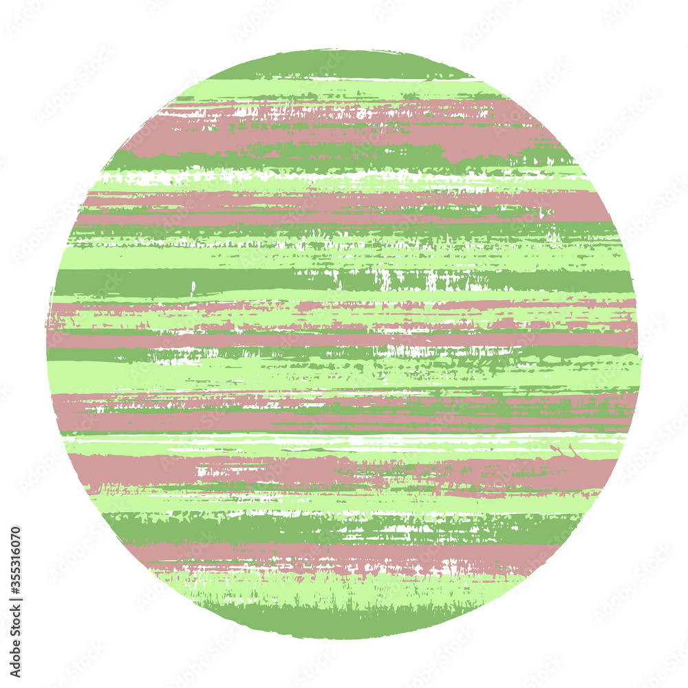 Retro circle vector geometric shape with striped texture of paint horizontal lines. Old paint texture disc. Badge round shape circle logo element with grunge background of stripes.