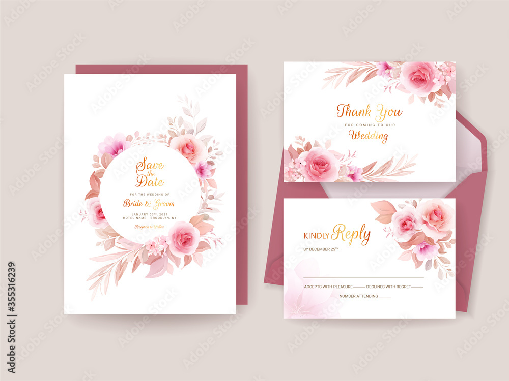 Wedding invitation template set with romantic floral frame and border. Roses and sakura flowers composition vector for save the date, greeting, thank you, rsvp card vector