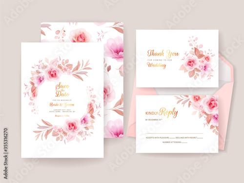 Wedding invitation template set with romantic floral frame and pattern. Roses and sakura flowers composition vector for save the date, greeting, thank you, rsvp card vector