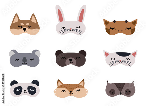 Sleep masks icons vector set. Eye covering mask for sleeping human, flat symbols collection. Blindfold sleep mask sign with animals. Giraffe, Koala, Bunny, Rabbit, Cat, Dog, Owl, Fox, Bear, Panda. EPS