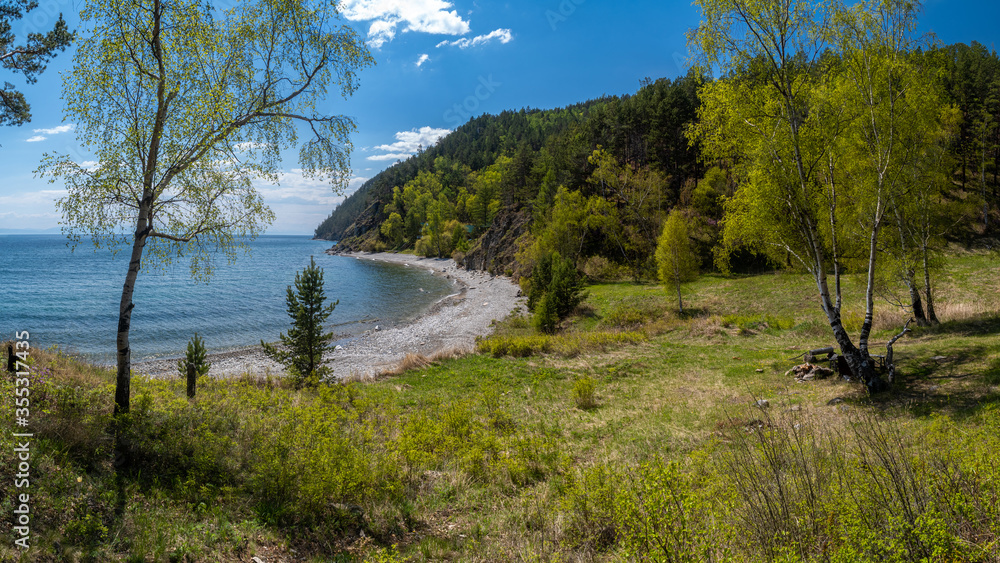 Beautiful meadow on the shore of Lake Baikal