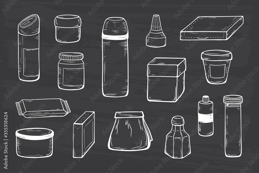 Packaging Vector set. Blank Packing Mock Up Template. Hand Drawn Sketch Glass, Plastic, Cardboard Package