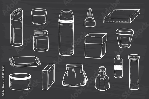 Packaging Vector set. Blank Packing Mock Up Template. Hand Drawn Sketch Glass, Plastic, Cardboard Package