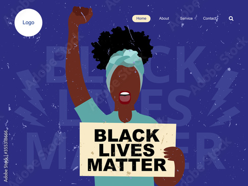 black lives matter landing page. black woman holding paper with text BLACK LIVES MATTER. The social problems of racism. 