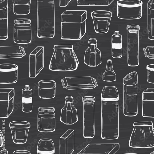 Blank Packing Seamless Pattern. Packaging Vector Background. Hand Drawn Sketch Glass, Plastic, Cardboard Package
