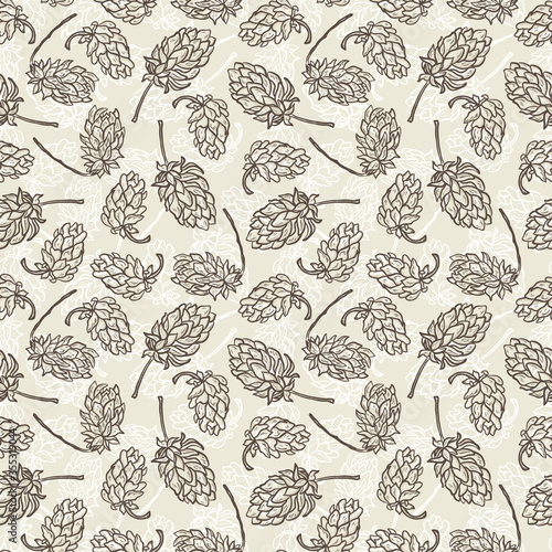 Beer Hops Vector Seamless Pattern. Common Hop or Humulus Lupulus Cones. Vector Floral Background
