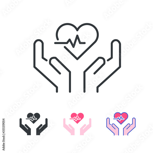 Heart beat rate pulse and hand for save your heart, prevent heart attack in cardiology concept. Two hands holding Beating Heart, cardiogram. Vector illustration. Design on white background. EPS10