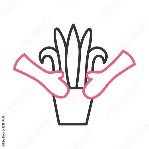 Hands with plant inside pot line style icon vector design