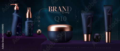 Elegant cosmetic products set background. Vector 3D Premium cream jar for skin care products. Luxury facial cream. Cosmetic ads flyer or banner design. Cosmetic poster template. Make up products brand
