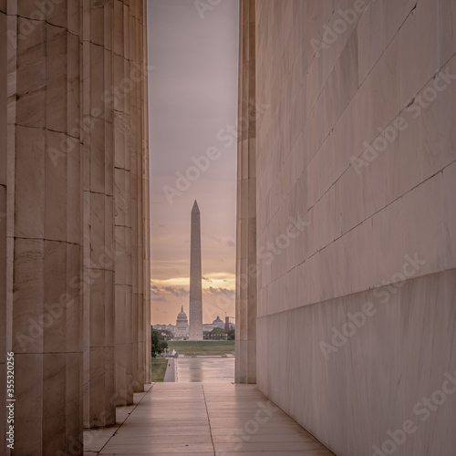 Sunrise view of Washington Monument from Lincoln Memorial