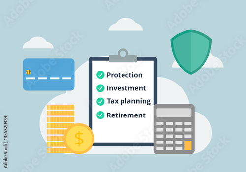 Financial planning vector. Personal finance concept. Life assurance, investment, tax planning, retirement. Wealth creation. Flat design on light blue background.
