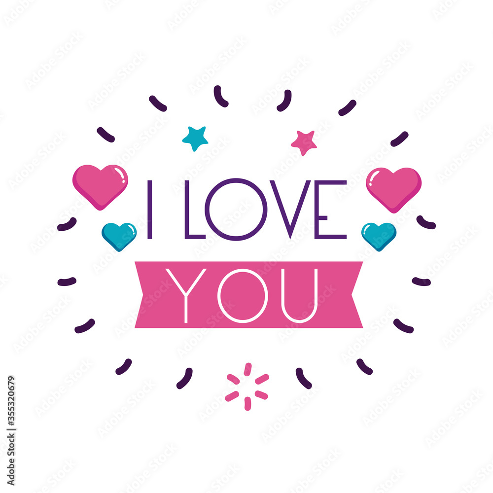 I love you text with hearts and ribbon flat style icon vector design