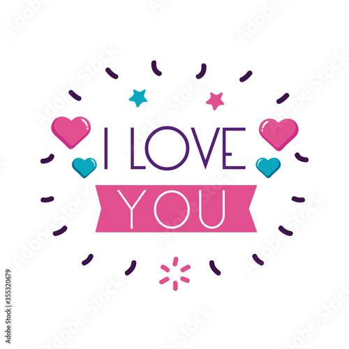 I love you text with hearts and ribbon flat style icon vector design