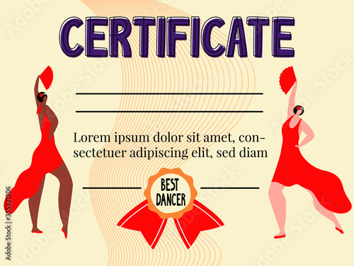 Vector flat illustration layout, certificate template, diploma for winning competition. Concept dance schools, studios, clubs, performances. Woman dancing tango is also depicted.