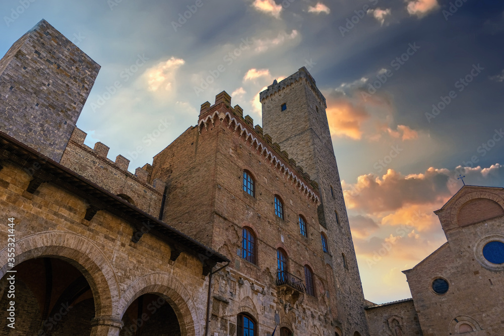 medieval town center of San Gimignano Tuscany Italy at sunset