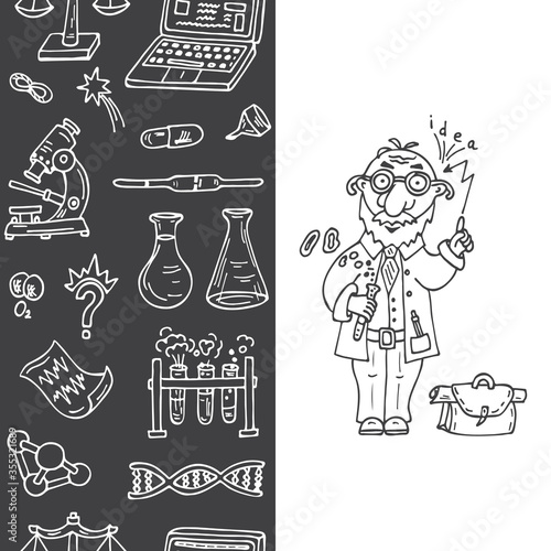 Doodles Science Set. Vertical seamless border with science icons. Funny scientist or professor.
