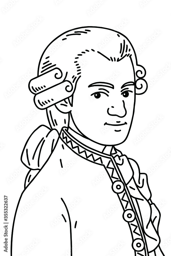 Wolfgang Amadeus Mozart (1756 – 1791),  Vector line art illustration. He was influential composer of the classical music era. - obrazy, fototapety, plakaty 