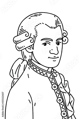 Wolfgang Amadeus Mozart (1756 – 1791),  Vector line art illustration. He was influential composer of the classical music era.