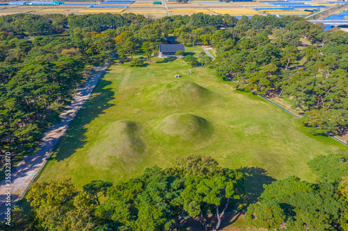 Aerial view of Oreung royal tombs at Gyeongju, Republic of Korea photo