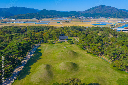 Aerial view of Oreung royal tombs at Gyeongju, Republic of Korea photo