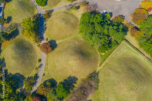 Aerial view of Tumuli park containing several royal tombs in Gyeongju, Republic of Korea photo